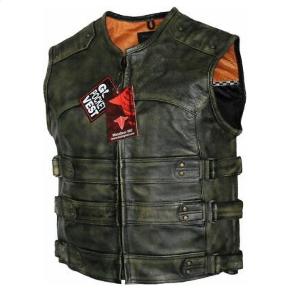 Men's Tactical Style Side Buckle Motorcycle Leather Vest Concealed Carry
